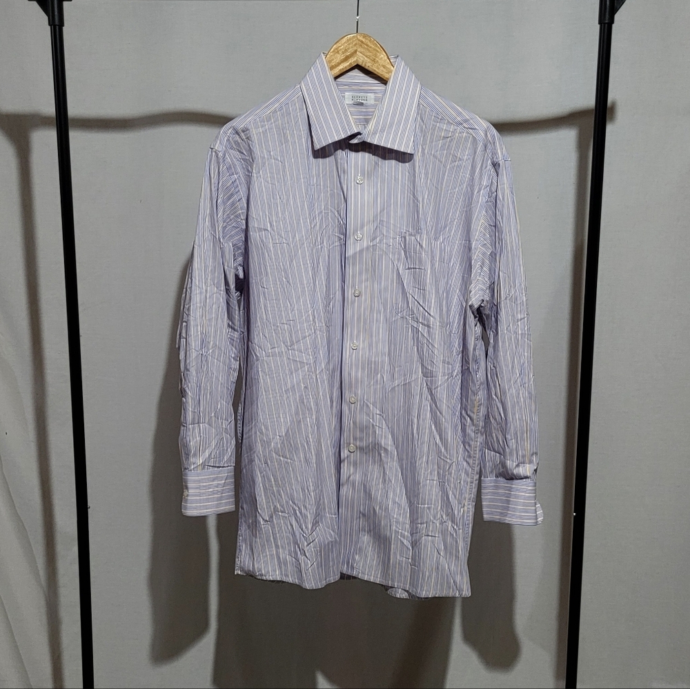 Barney's New York shirt button down casual top white blue yellow stripes 17 neck